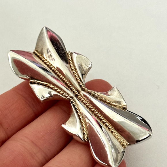 Vintage 925 Sterling Silver & 14K Gold Braided Two Tone Modern Abstract Brooch - Picture 7 of 11